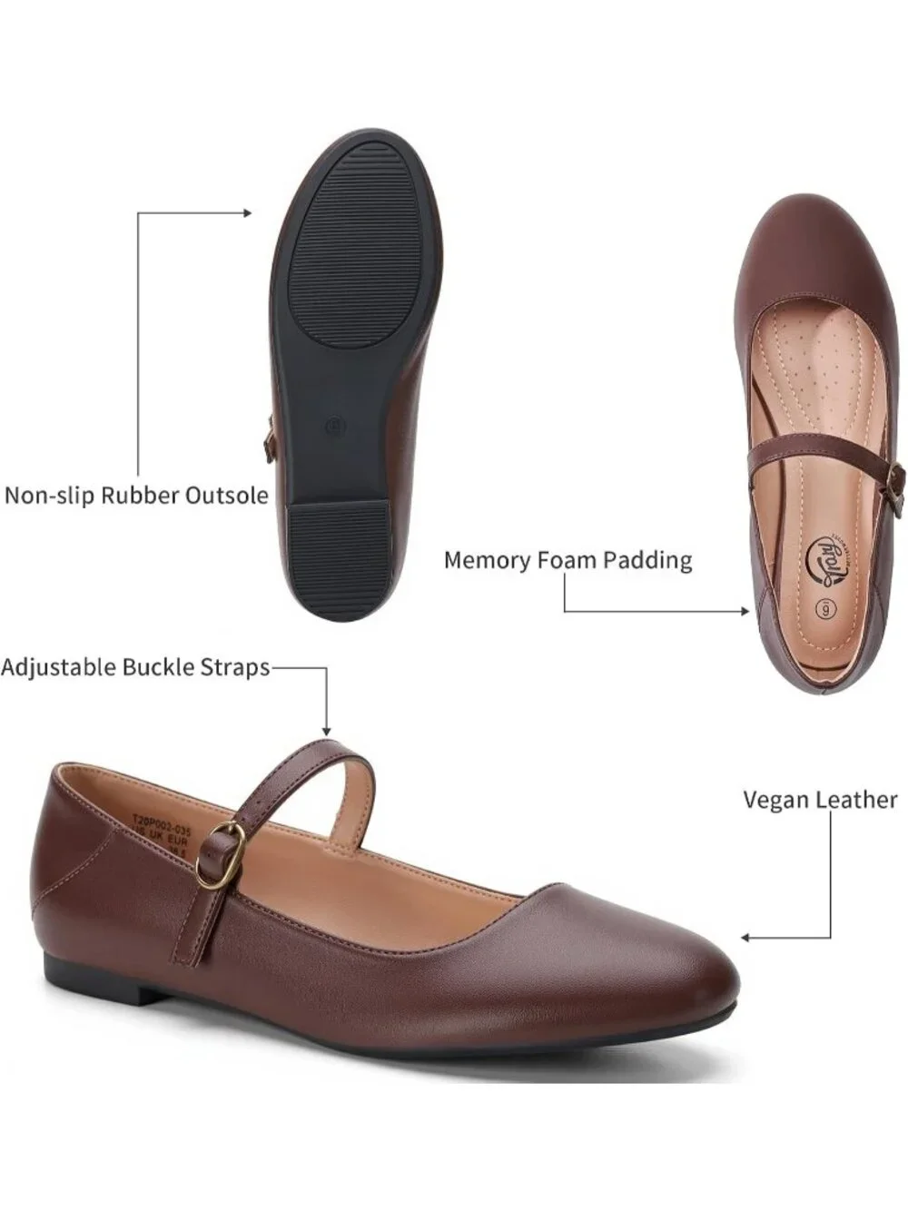 Women's Coffee Ballet Flats Round Toe Comfort Straps Memory Foam Dressy Shoes